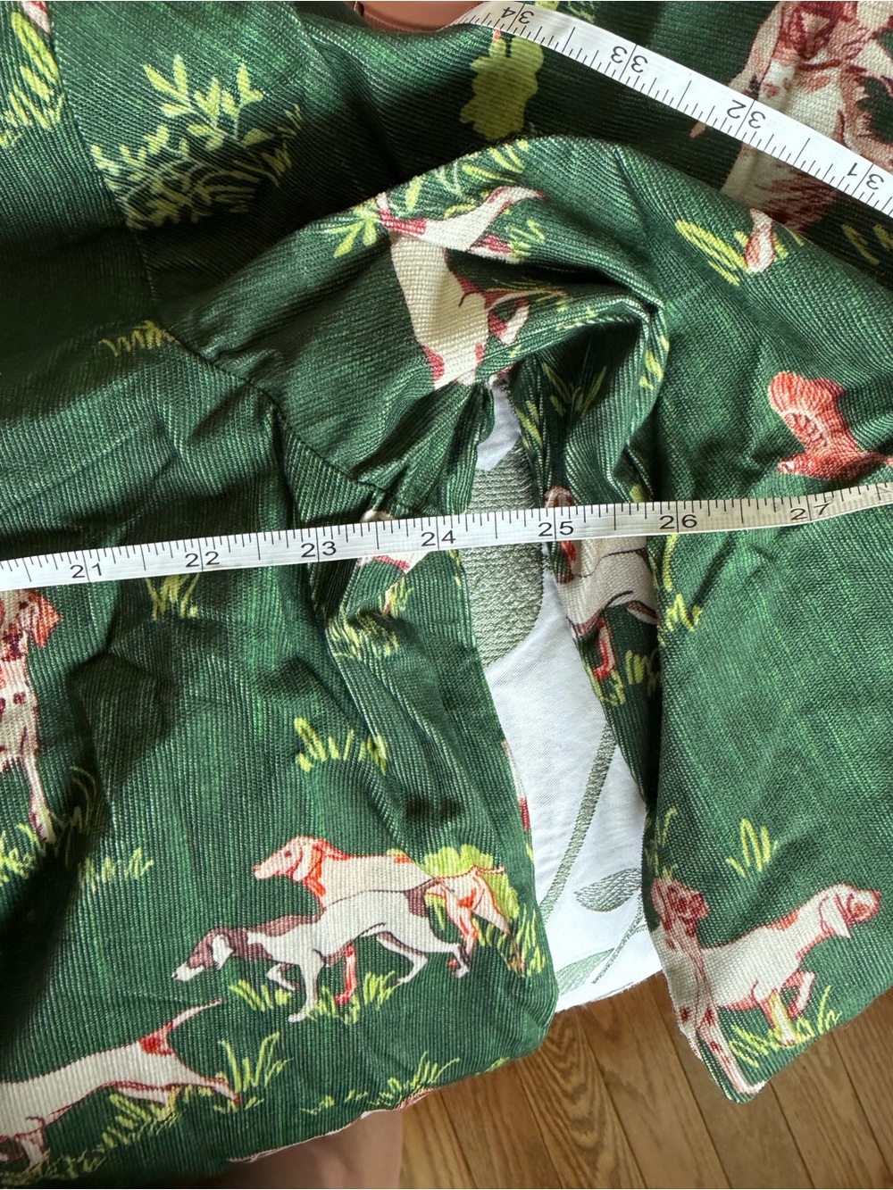 Holly Shae Green Corduroy “Dogs On The Hunt” Shift Dress with matching obi belt - Picture 7 of 7